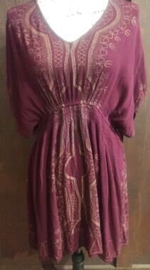 Earthbound Gauze Boho Dress Size Large Empire Waist Burgundy Granola Tribal